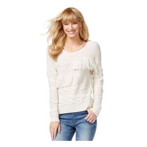 NWT INC Womens Ivory Fringed Long Sleeve Jewel Neck Sweater Size: XL